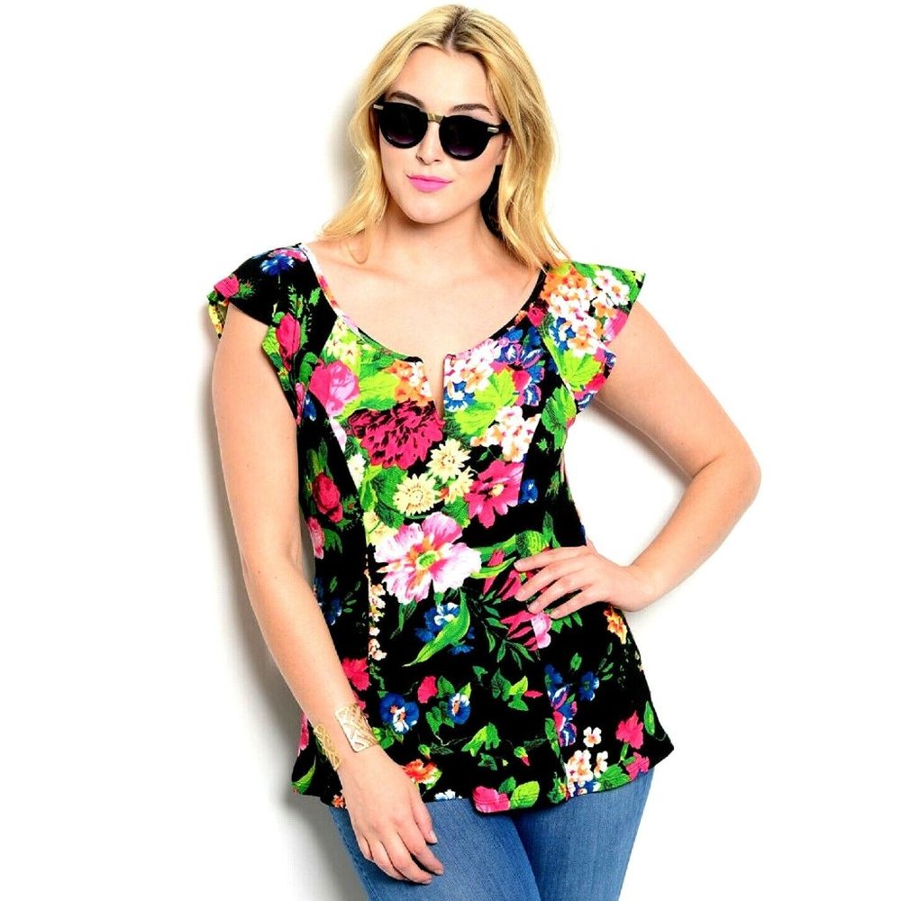 Viva You Women's Top Floral Cap Sleeves Fitted Waist Notched Neck Size 1XL  NWOT